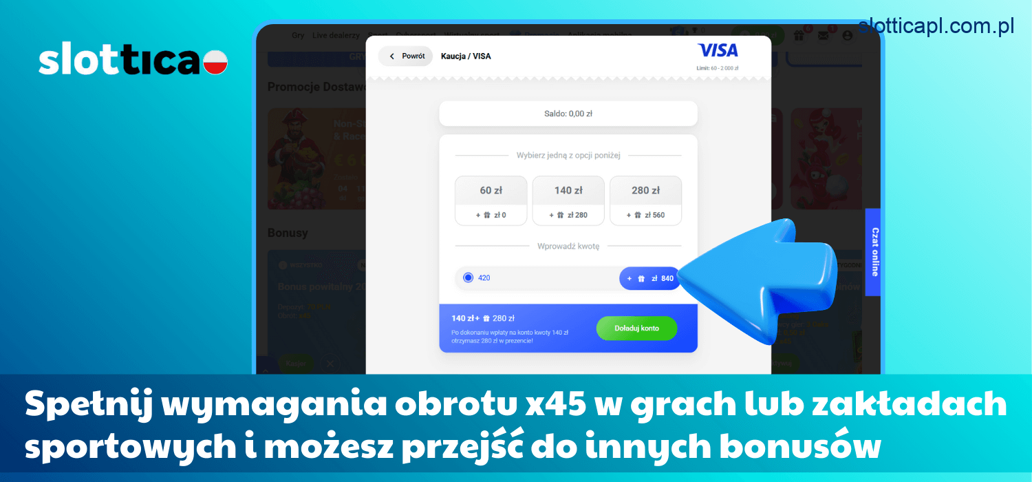 Wypełnij warunki obrotu bonusem x45 na automatach lub zakładach sportowych, a następnie korzystaj z kolejnych promocji