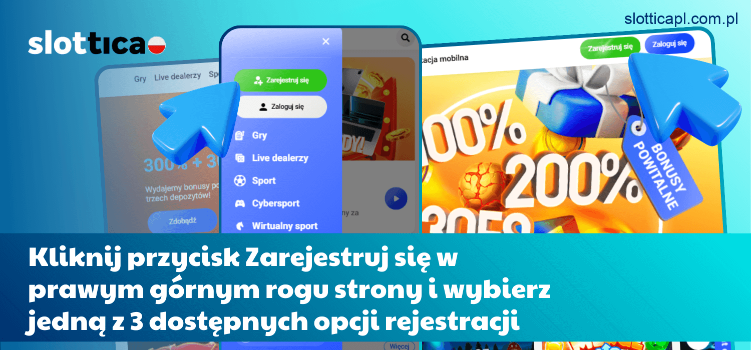 Kliknij przycisk "Zarejestruj się" w prawym górnym rogu strony i wybierz jedną z trzech dostępnych metod rejestracji
