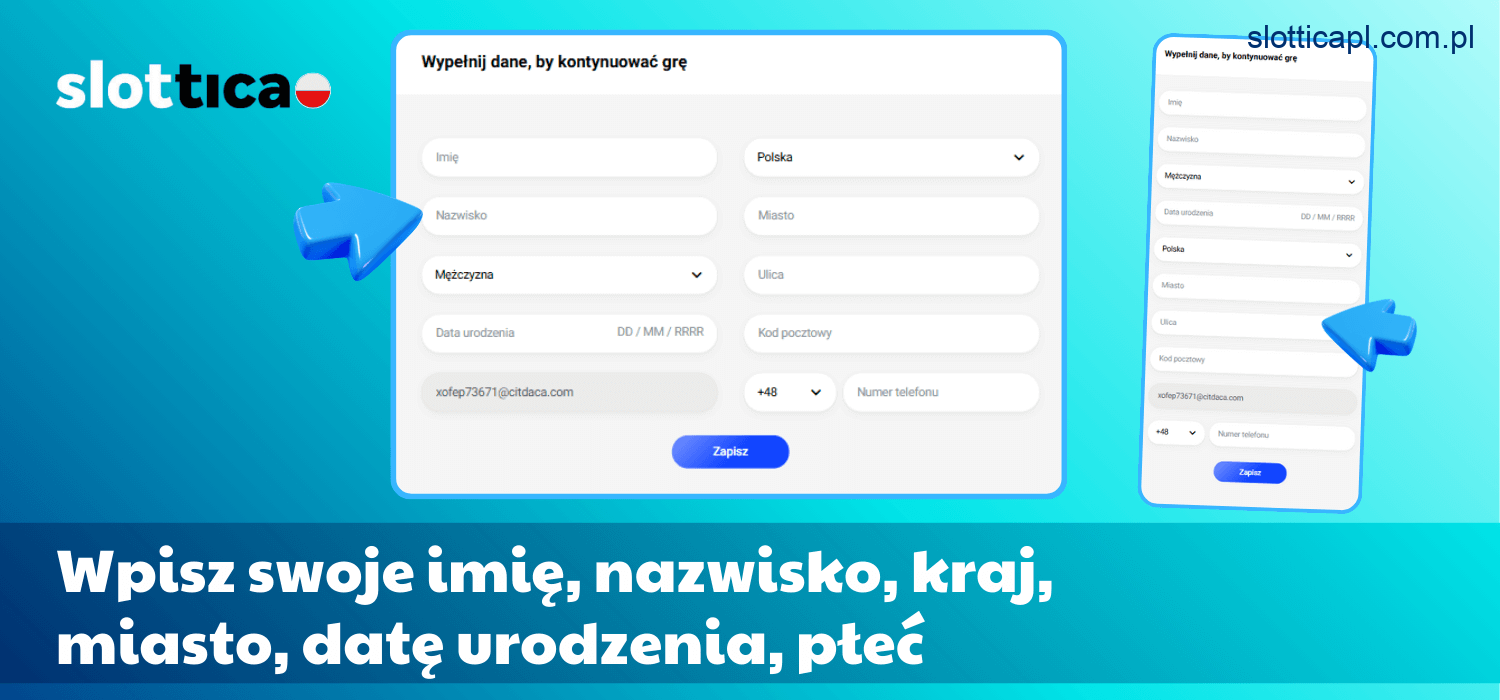 Uzupełnij dane osobowe, takie jak imię, nazwisko, kraj, miasto, datę urodzenia oraz płeć
